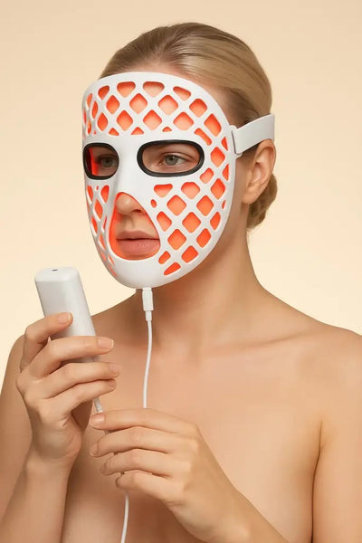 3D hollow LED mask on, red light visible through the lattice