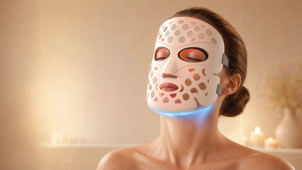 3D hollow LED therapy mask worn, lights on
